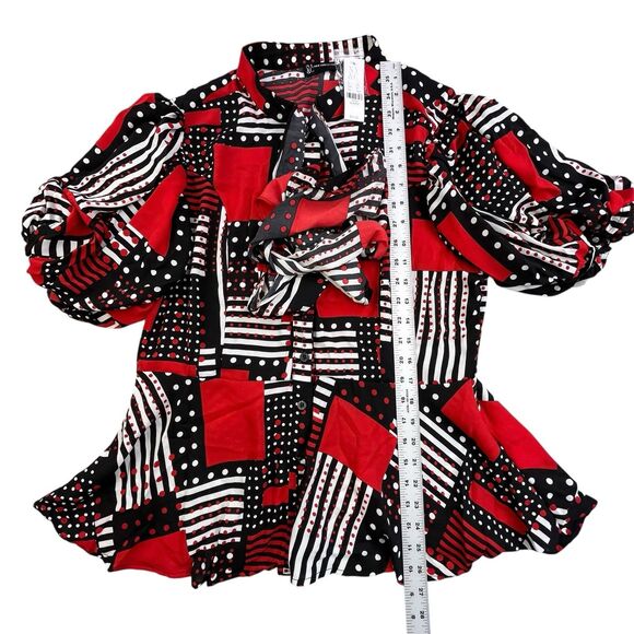NY&C Peplum Waist Blouse Size XL Red Black Geometric Neck Bow Balloon Sleeve NEW - Picture 12 of 12